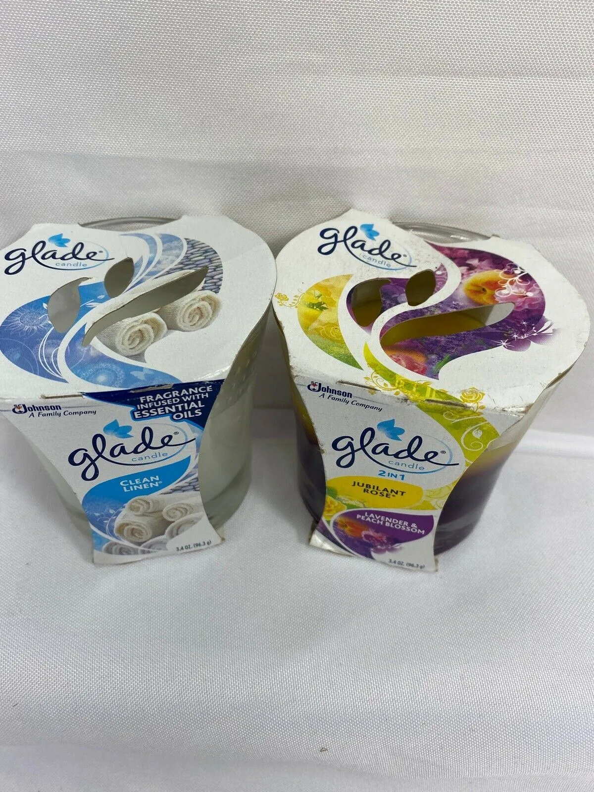 (2) Glade Candle Air Freshener Clean Linen Jubilant Rose Lavender Peach 3.4oz
