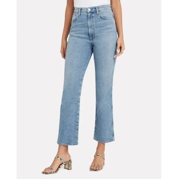 AGOLDE Pinch Waist Straight Jeans High Rise Cut Off Raw Hem Light Divide Wash 24