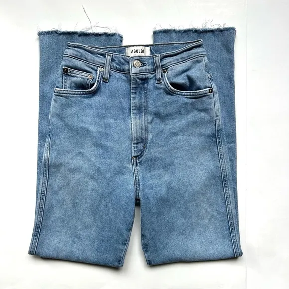 AGOLDE Pinch Waist Straight Jeans High Rise Cut Off Raw Hem Light Divide Wash 24
