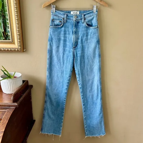 AGOLDE Pinch Waist Straight Jeans High Rise Cut Off Raw Hem Light Divide Wash 24