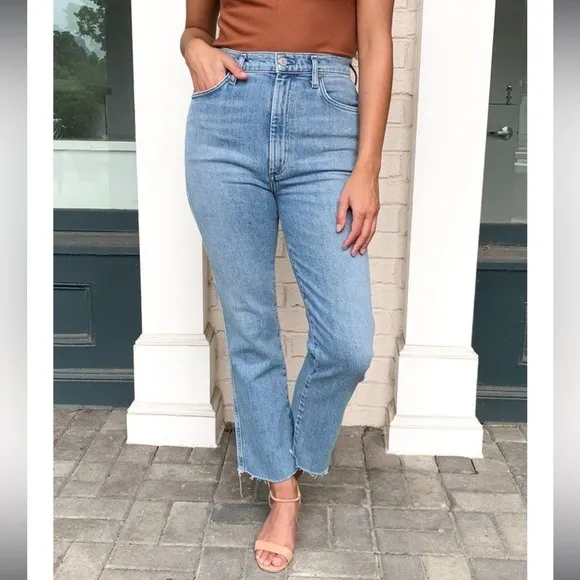 AGOLDE Pinch Waist Straight Jeans High Rise Cut Off Raw Hem Light Divide Wash 24