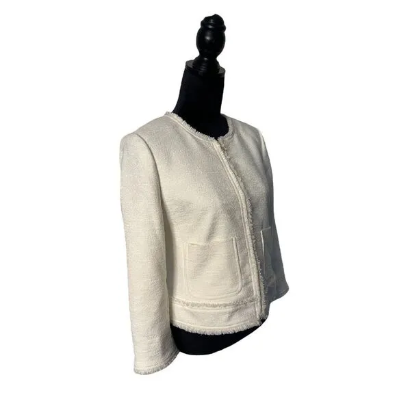 Ann Taylor Fringe Trim Tweed Jacket in Creamy White Size 8