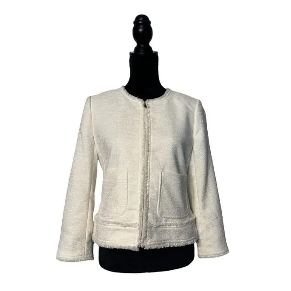 Ann Taylor Fringe Trim Tweed Jacket in Creamy White Size 8