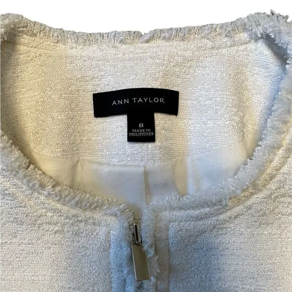 Ann Taylor Fringe Trim Tweed Jacket in Creamy White Size 8