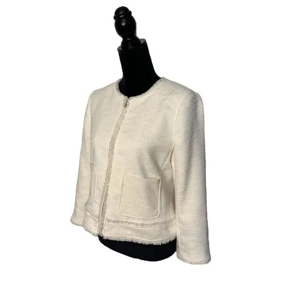 Ann Taylor Fringe Trim Tweed Jacket in Creamy White Size 8