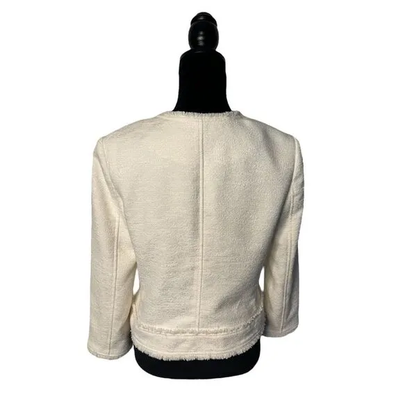 Ann Taylor Fringe Trim Tweed Jacket in Creamy White Size 8