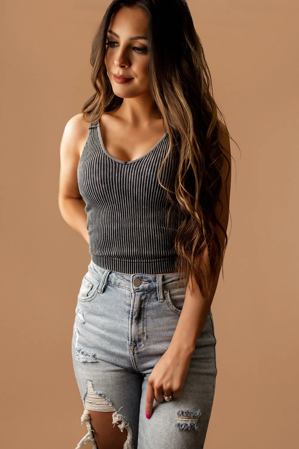 Aria Washed Ribbed Padded Tank (Olive)