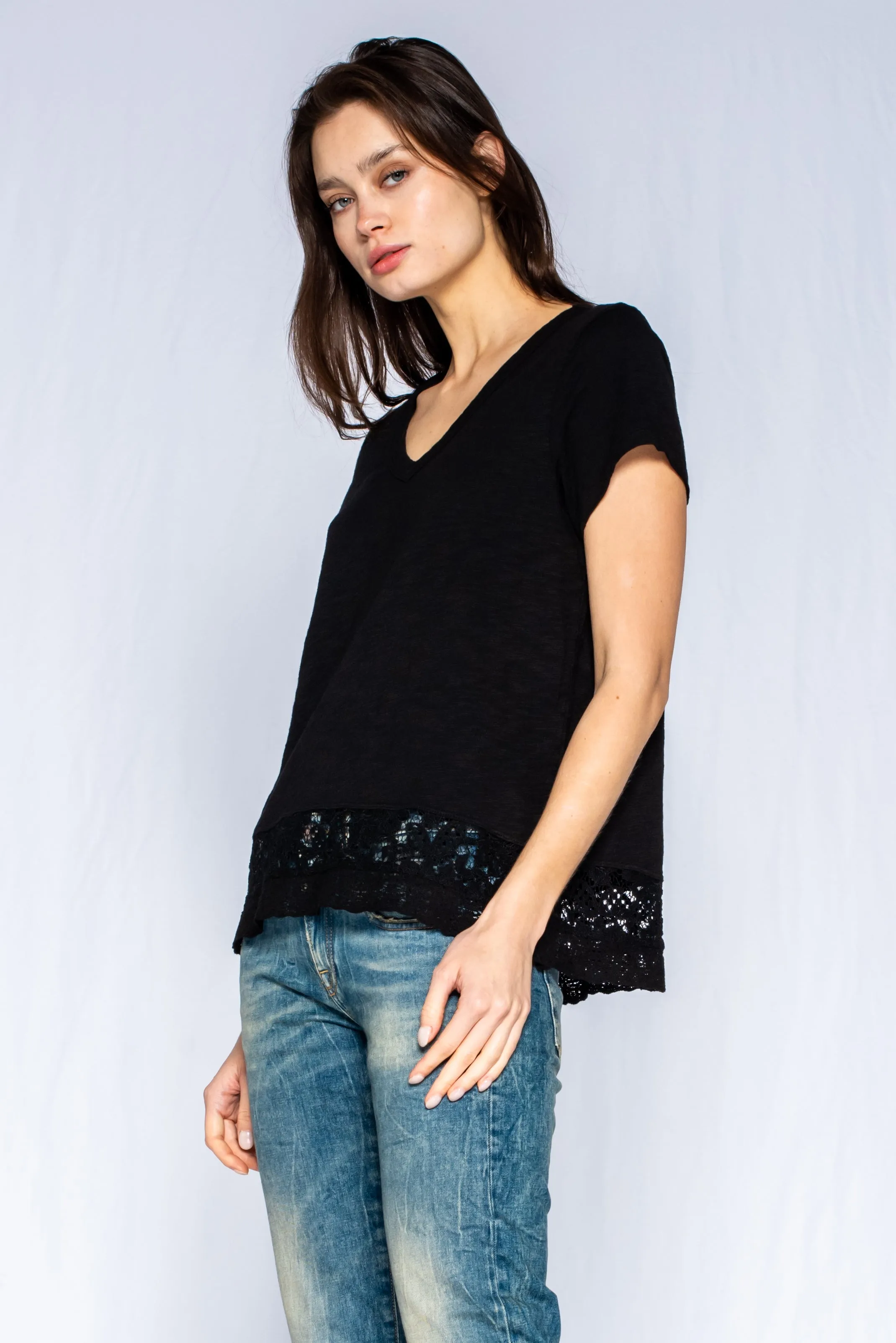 Baby Baby V-Neck Short Sleeve Tee Patch Lace Hem