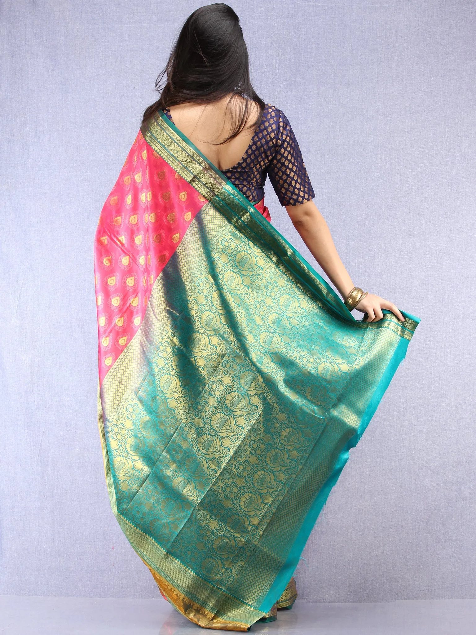 Banarasee Art Silk Saree With Resham Zari Weave - Pink Green & Gold - S031704389