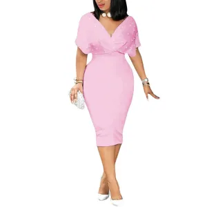 Beads Decor V-neck Bat Short Sleeve Bodycon Dress
