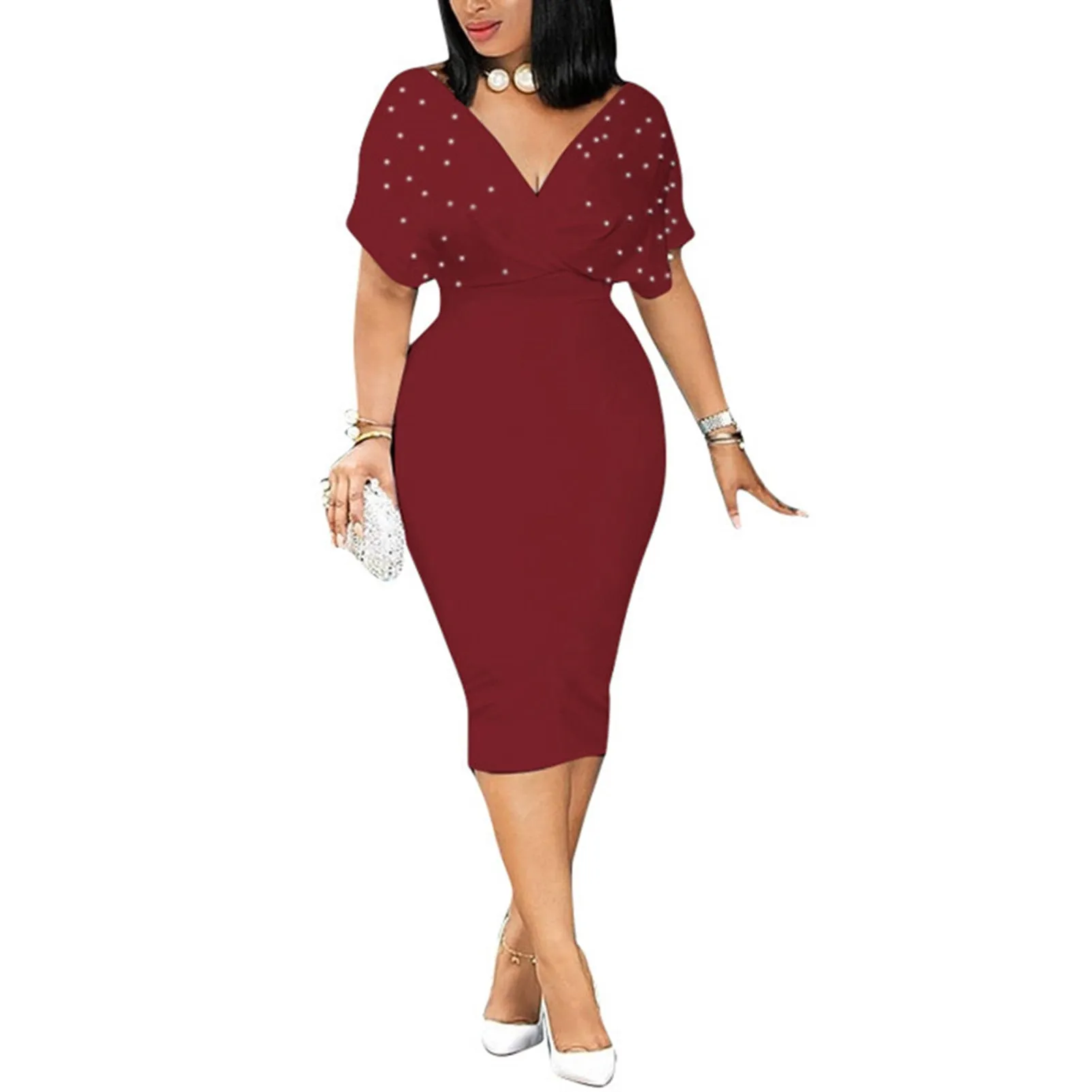 Beads Decor V-neck Bat Short Sleeve Bodycon Dress
