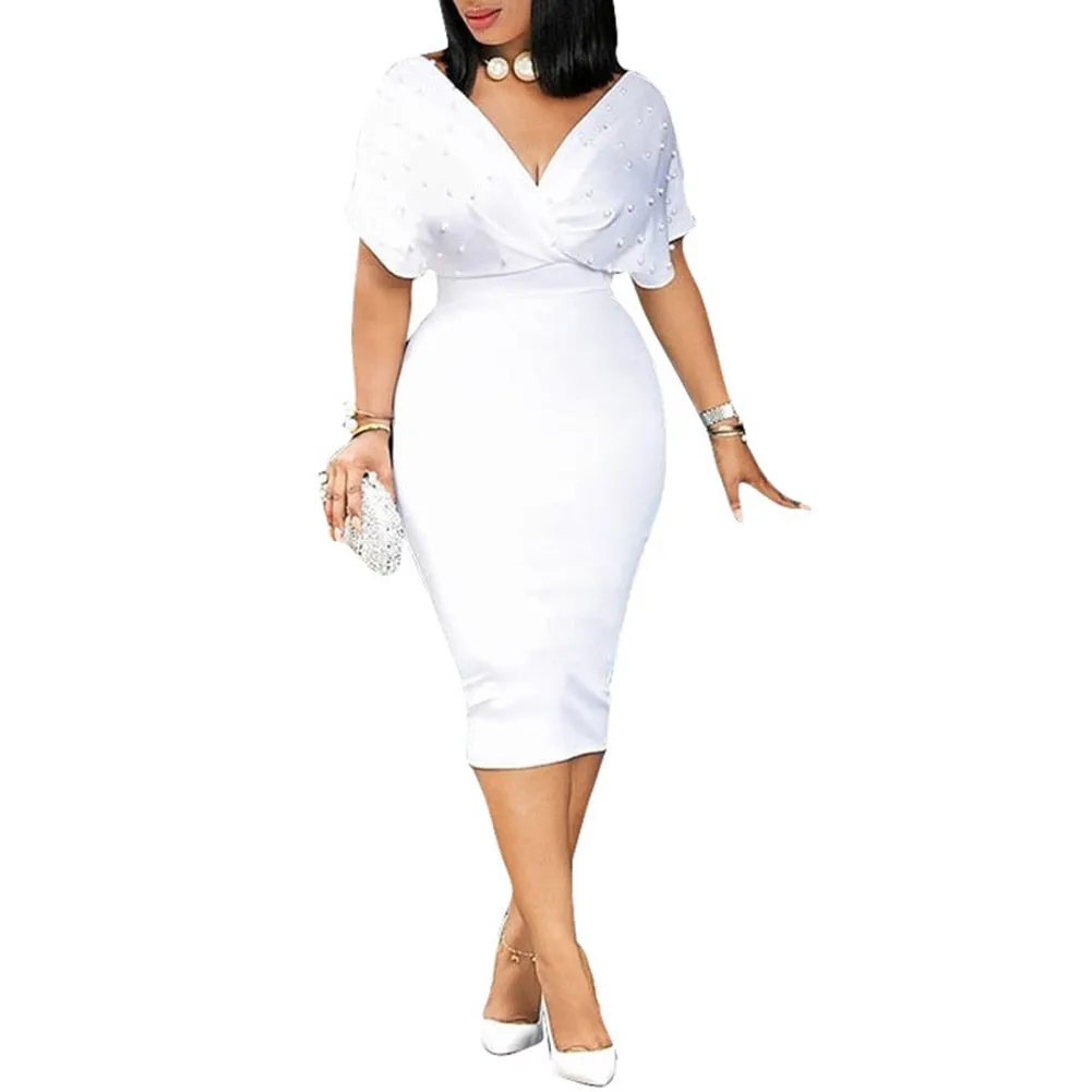 Beads Decor V-neck Bat Short Sleeve Bodycon Dress