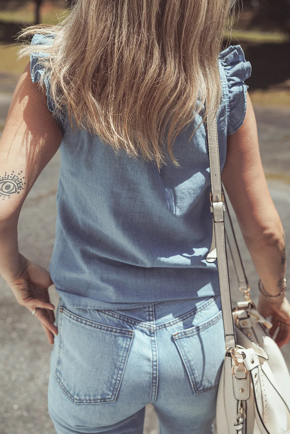Beau Blue Frilly Ruffle Trim V Neck Chambray Tank Top