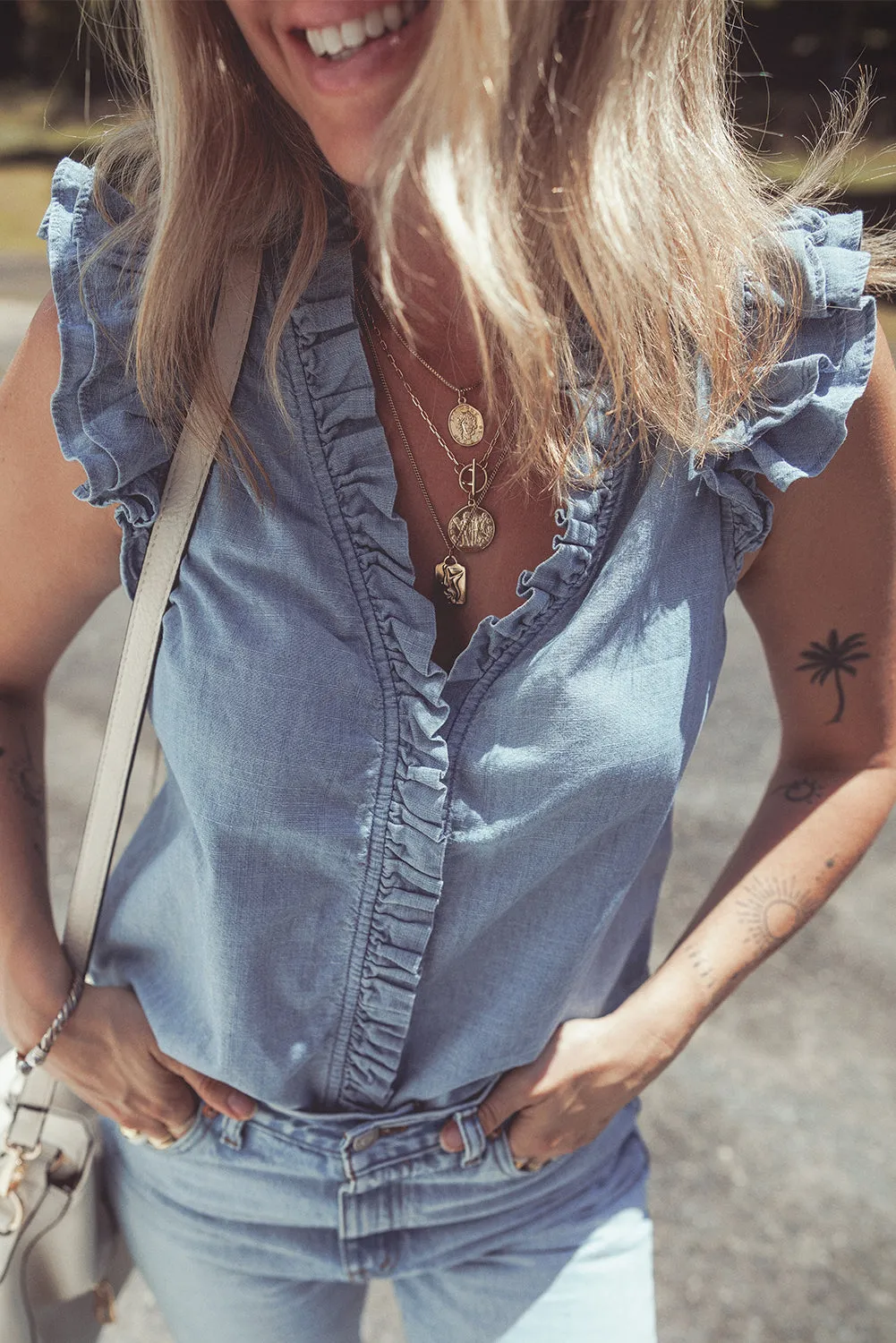 Beau Blue Frilly Ruffle Trim V Neck Chambray Tank Top