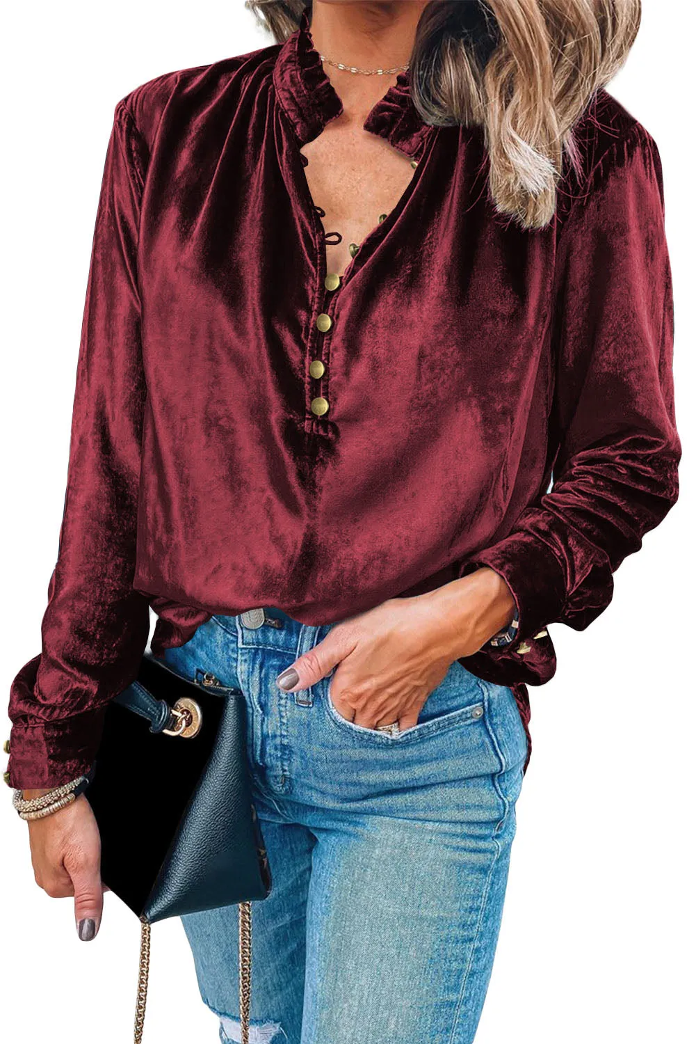 Biking Red Frilled Neck Buttoned Front Velvet Top