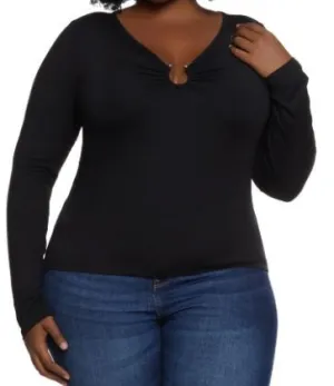 Black Plus V Neck U Ring Long Sleeve One Top 1/31/23 5487