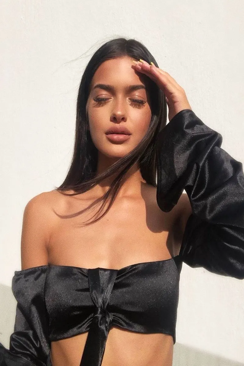 Black Satin Knotted Middle Wide Sleeve Crop Top - Madianna