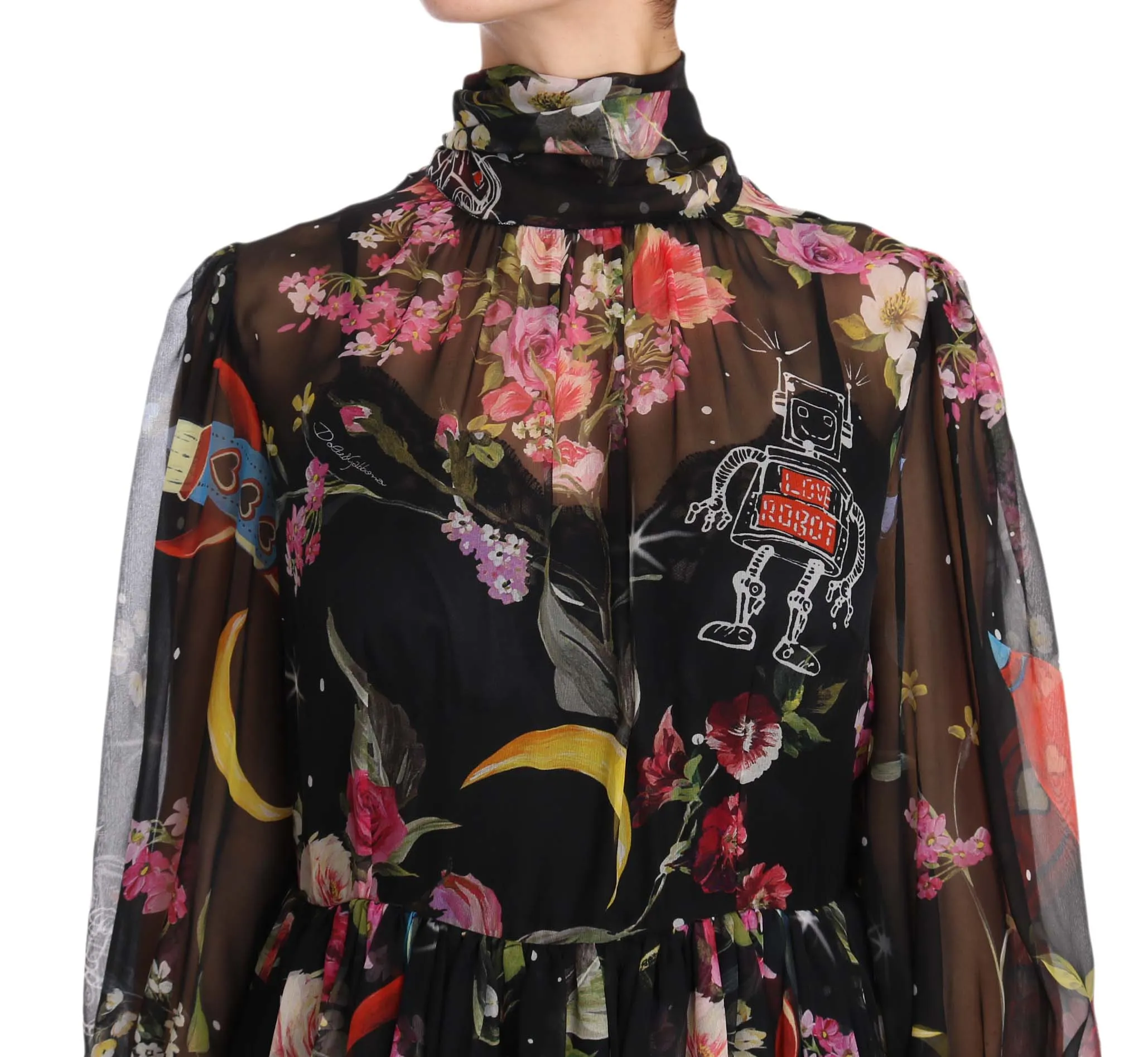 Black Silk Floral Robot Shift Dress