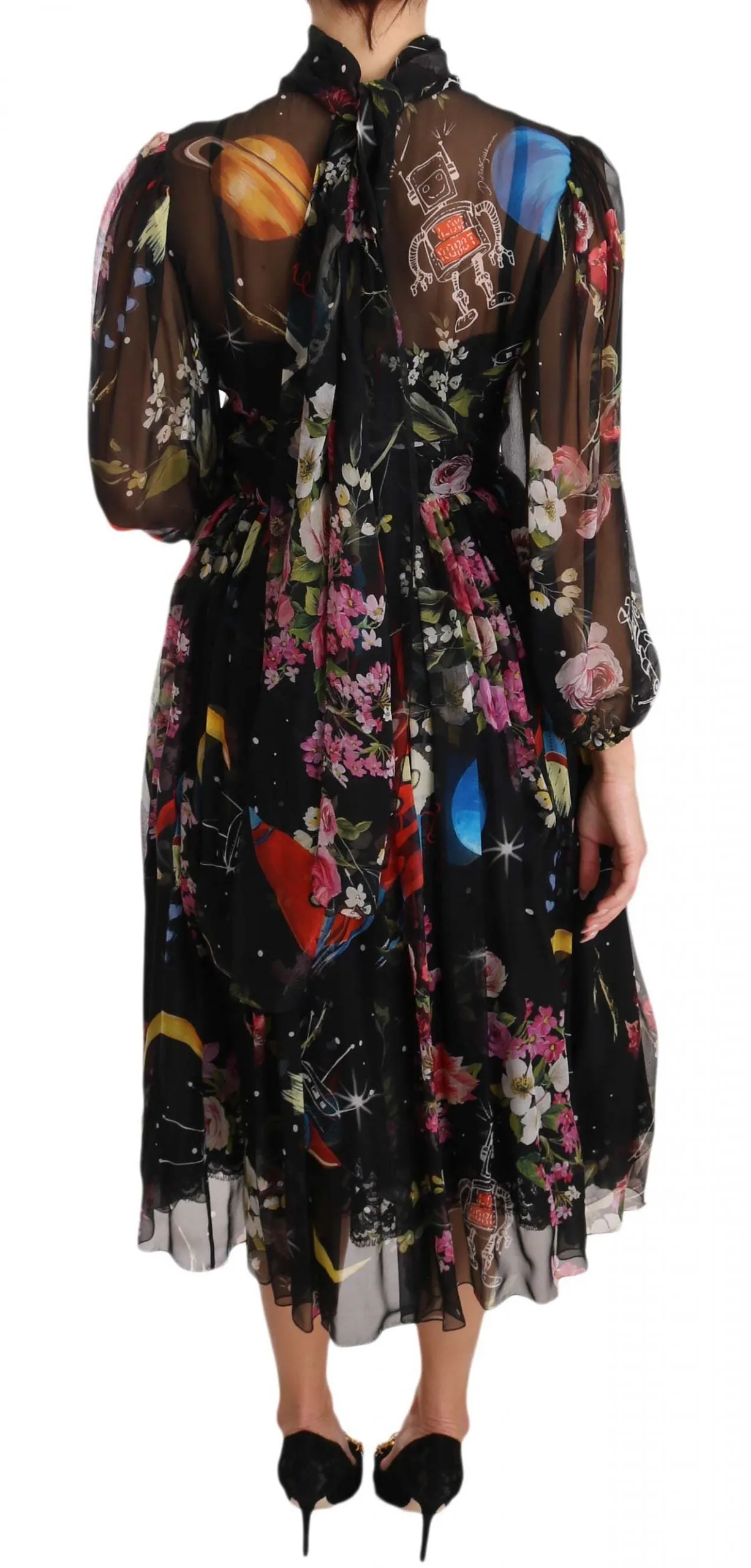Black Silk Floral Robot Shift Dress