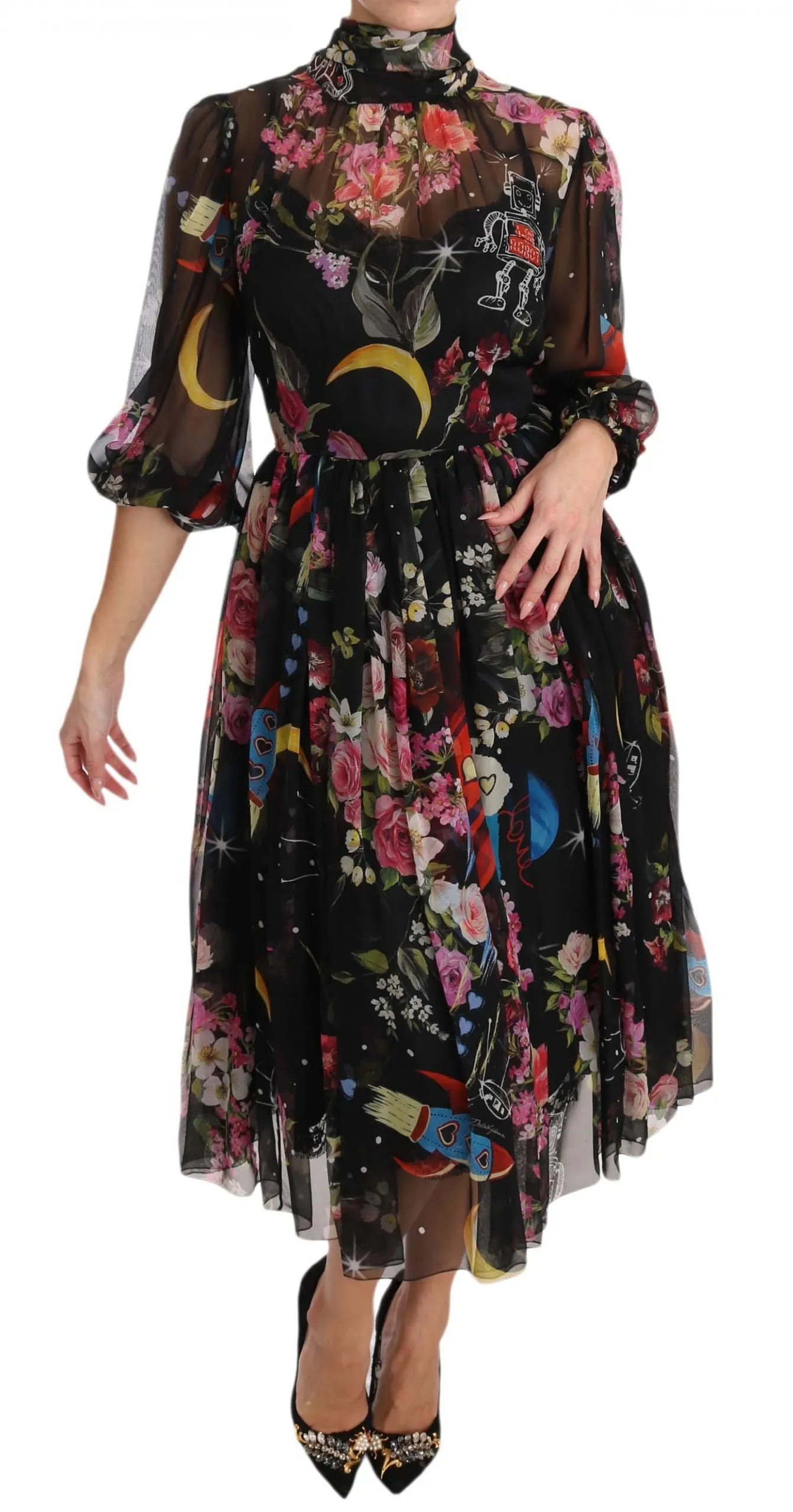 Black Silk Floral Robot Shift Dress