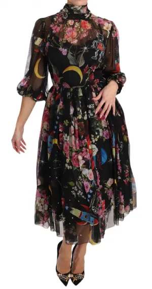 Black Silk Floral Robot Shift Dress