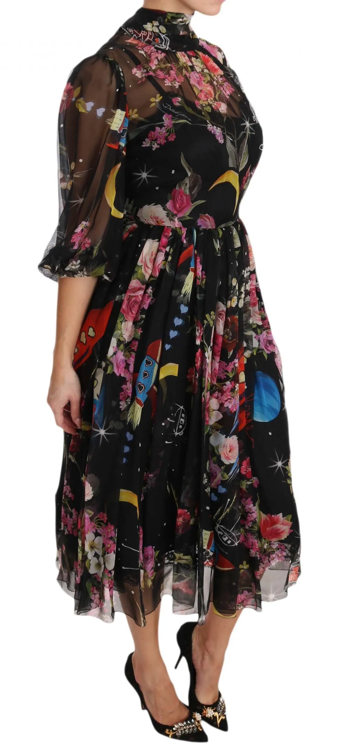 Black Silk Floral Robot Shift Dress