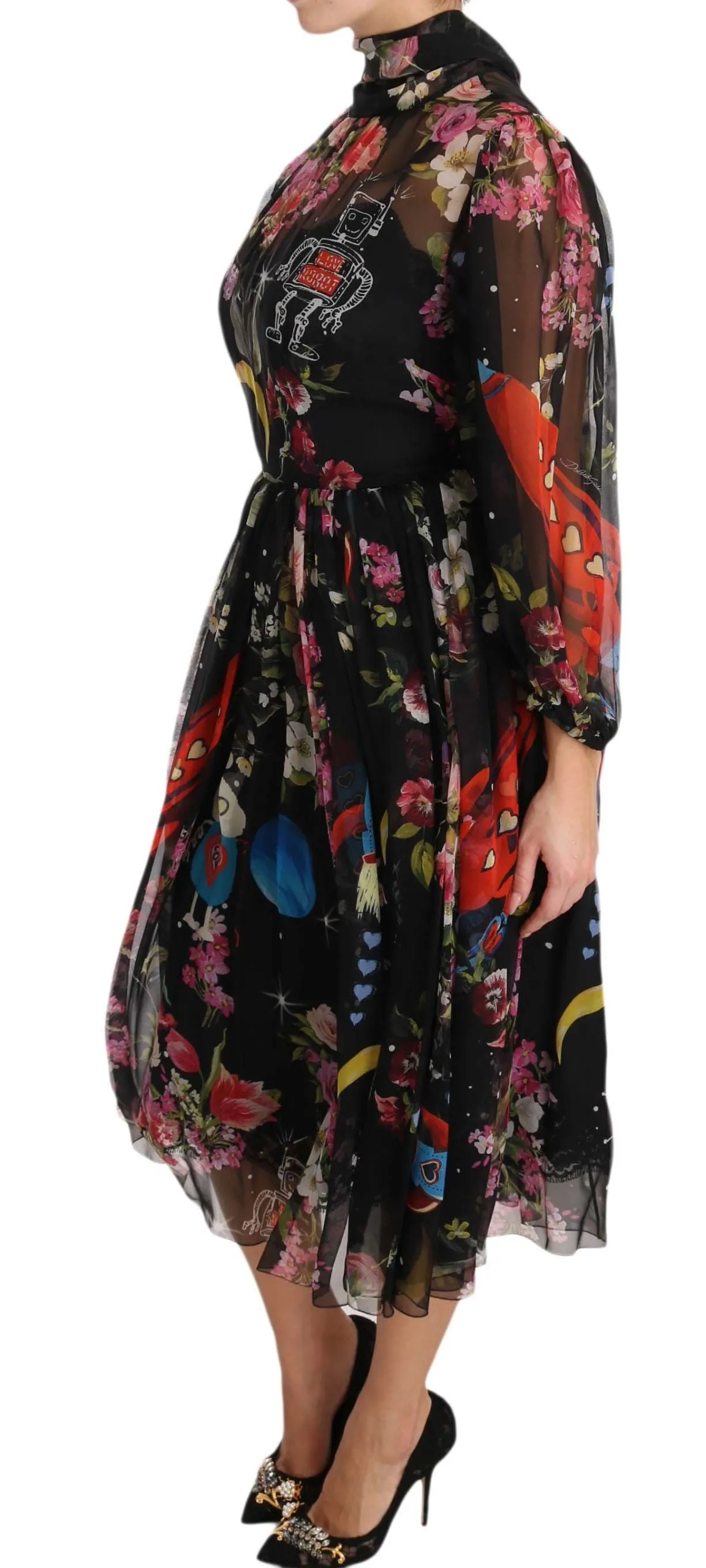 Black Silk Floral Robot Shift Dress