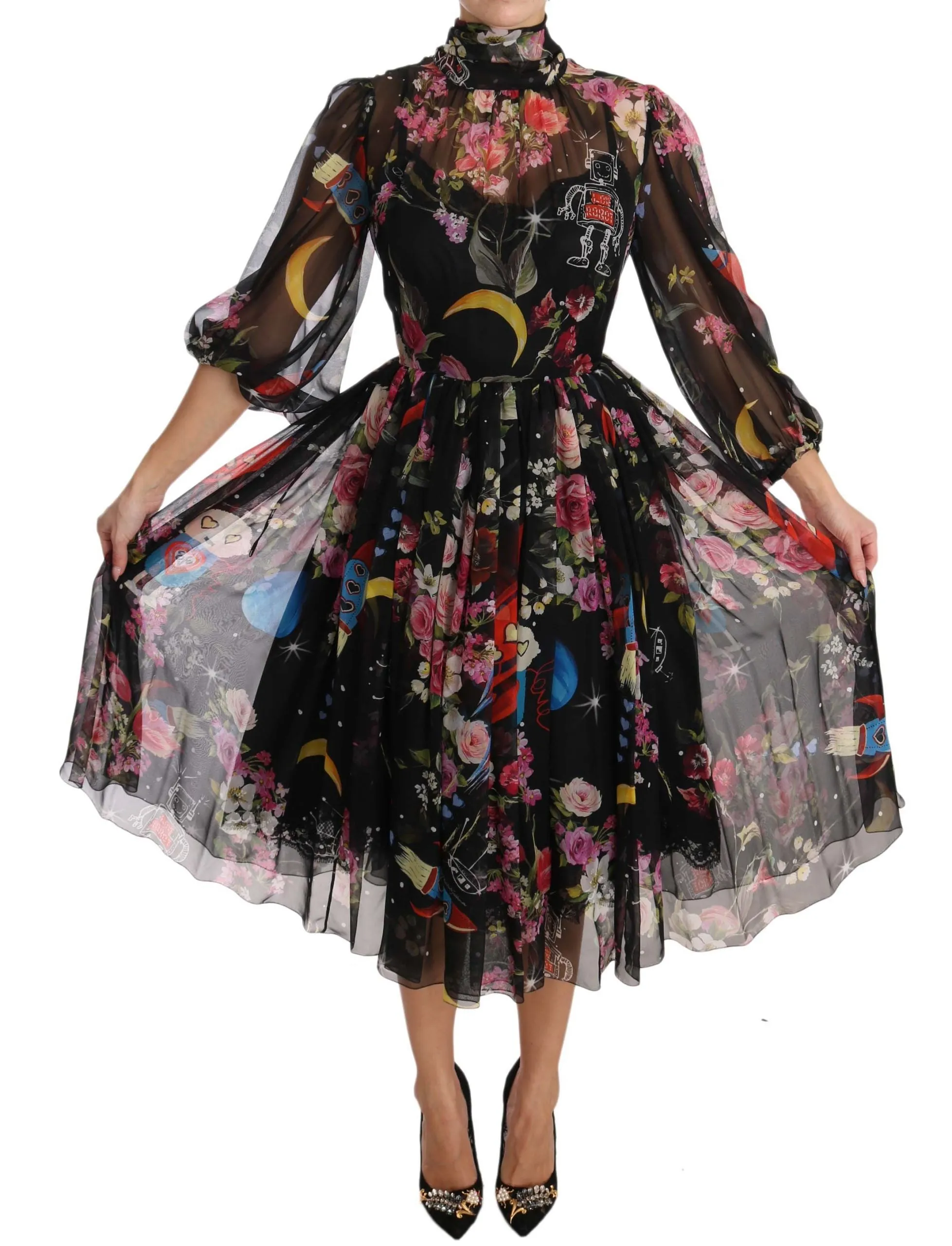 Black Silk Floral Robot Shift Dress