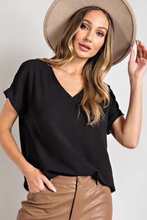 Black V-Neck Cuffed Short Sleeve Top