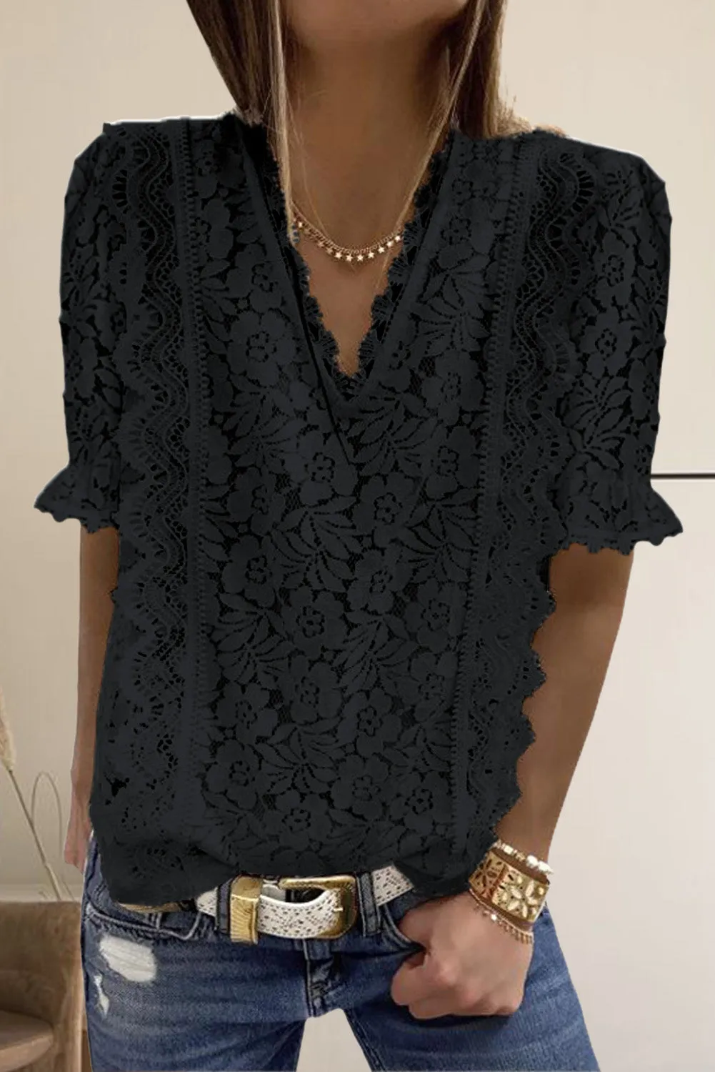 Black V Neck Lace Short Sleeve Top