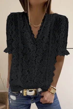 Black V Neck Lace Short Sleeve Top