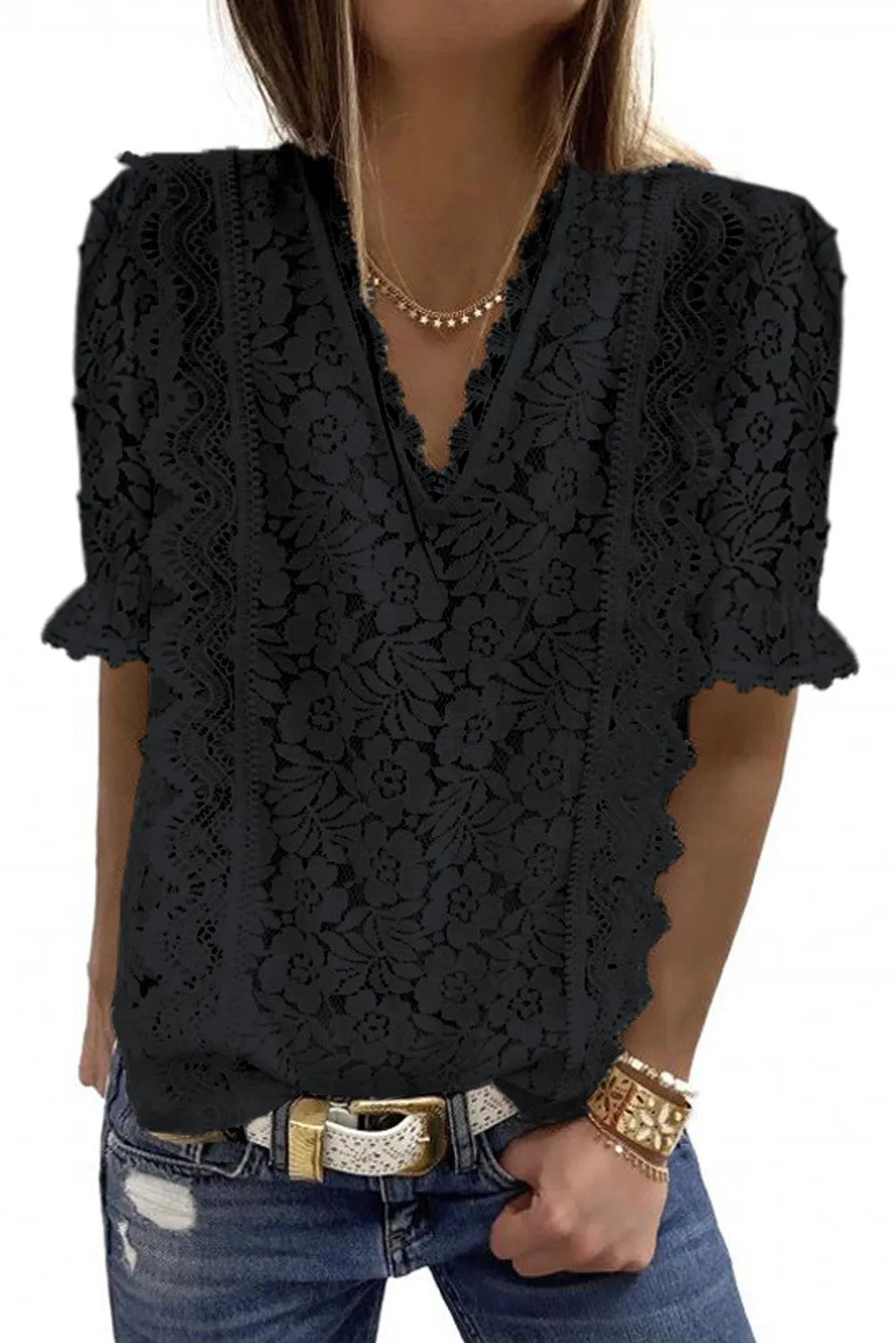 Black V Neck Lace Short Sleeve Top
