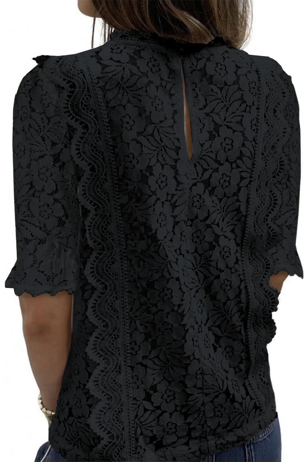 Black V Neck Lace Short Sleeve Top