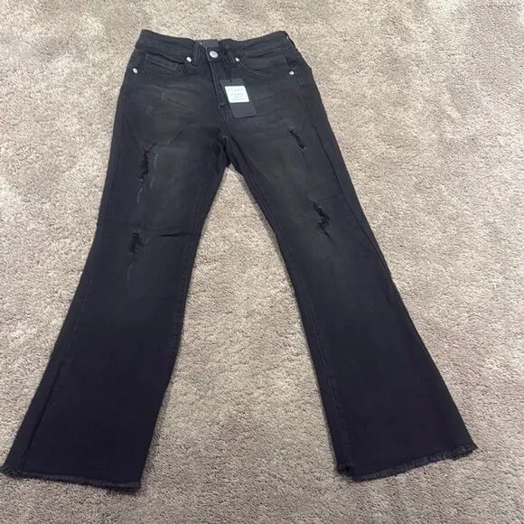 Black Flare Wide Leg Jeans with Distressing super stretchy risen brand