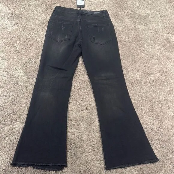 Black Flare Wide Leg Jeans with Distressing super stretchy risen brand