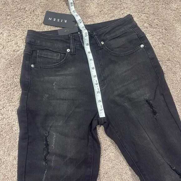 Black Flare Wide Leg Jeans with Distressing super stretchy risen brand