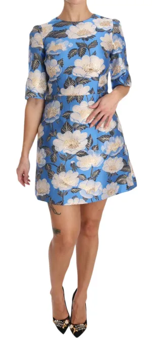 Blue Floral Jacquard Crystal A-Line Dress