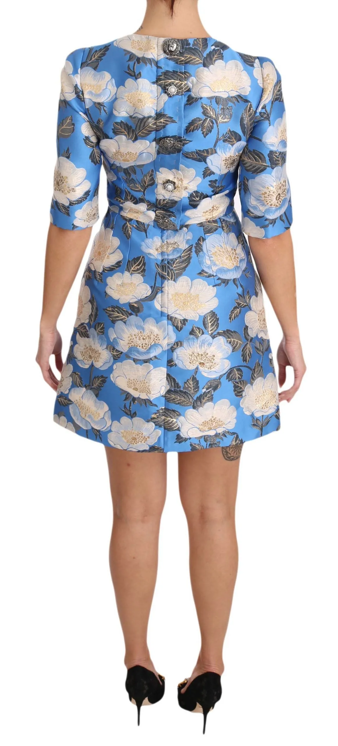 Blue Floral Jacquard Crystal A-Line Dress