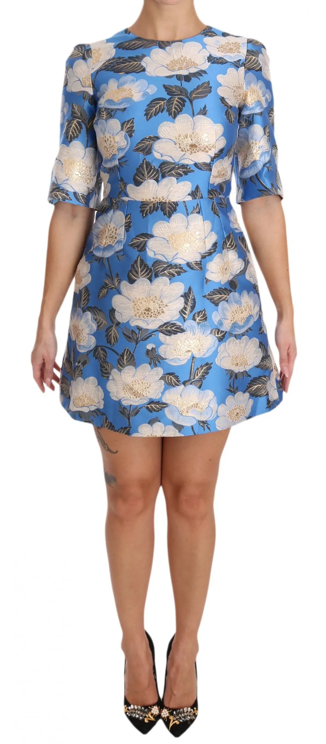 Blue Floral Jacquard Crystal A-Line Dress