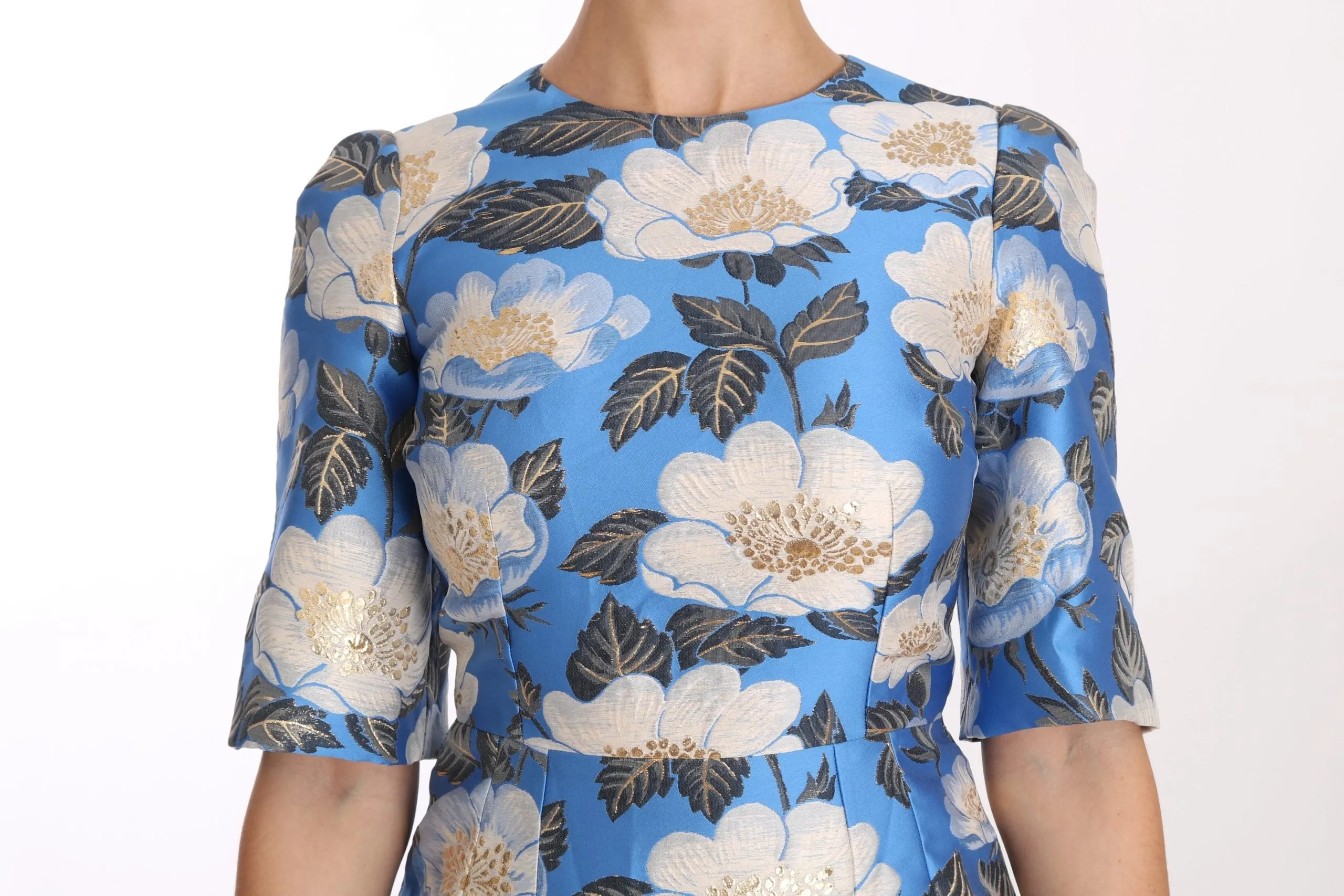 Blue Floral Jacquard Crystal A-Line Dress