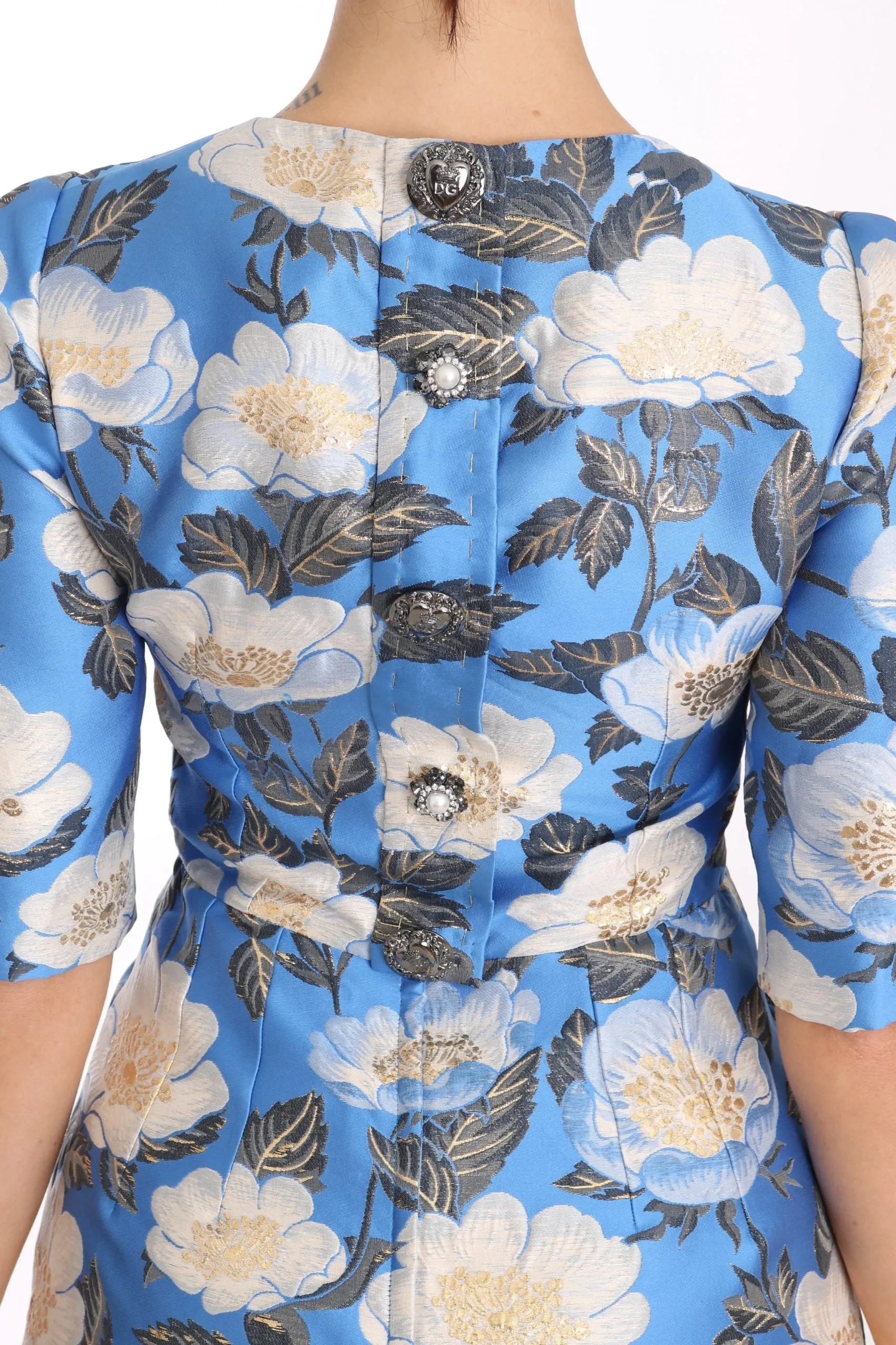 Blue Floral Jacquard Crystal A-Line Dress