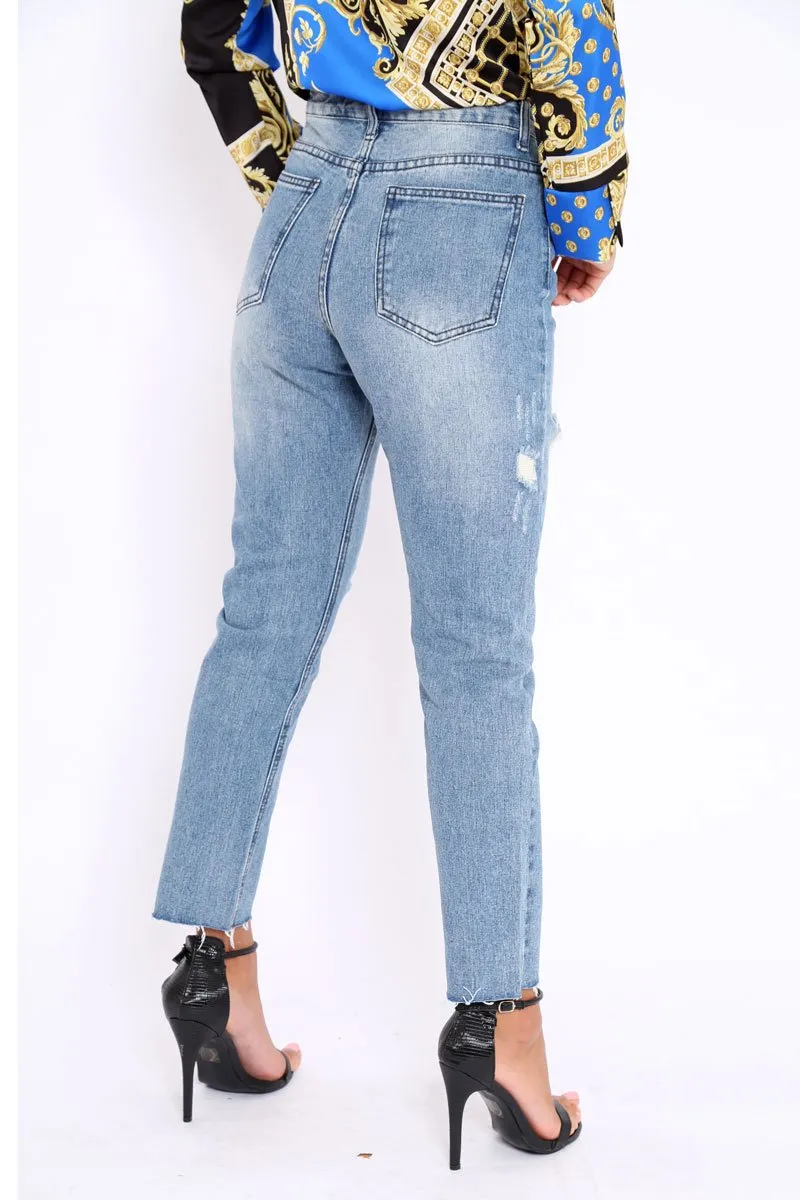 Blue Ripped Mid Wash Mom Jeans - Rabia
