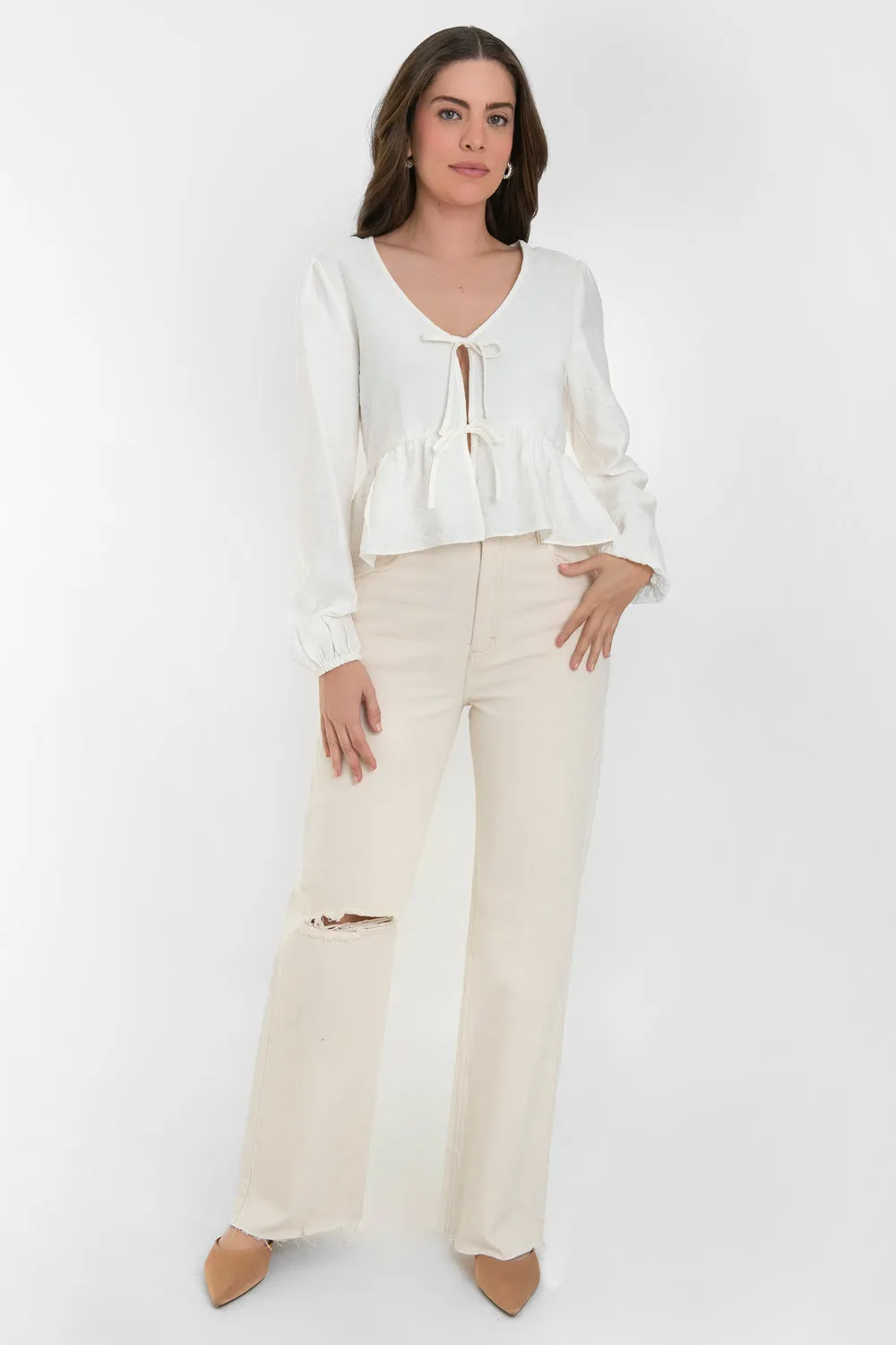Blusa manga larga escote lazos