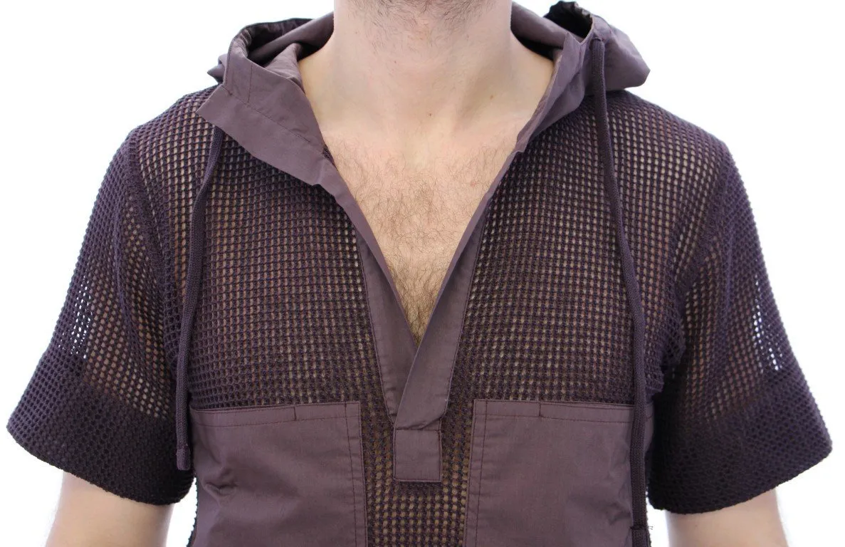 Brown fishnet cotton hoodie t-shirt