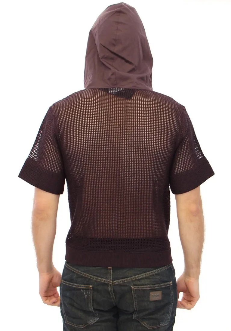 Brown fishnet cotton hoodie t-shirt