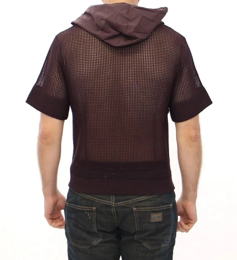 Brown fishnet cotton hoodie t-shirt