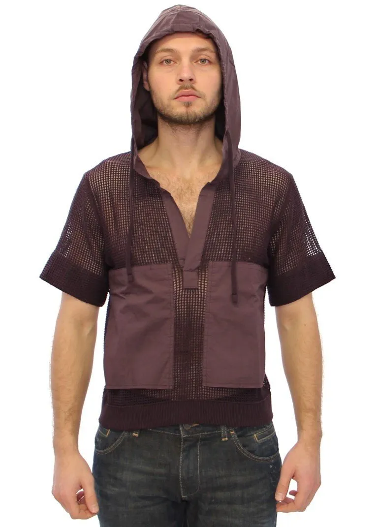 Brown fishnet cotton hoodie t-shirt
