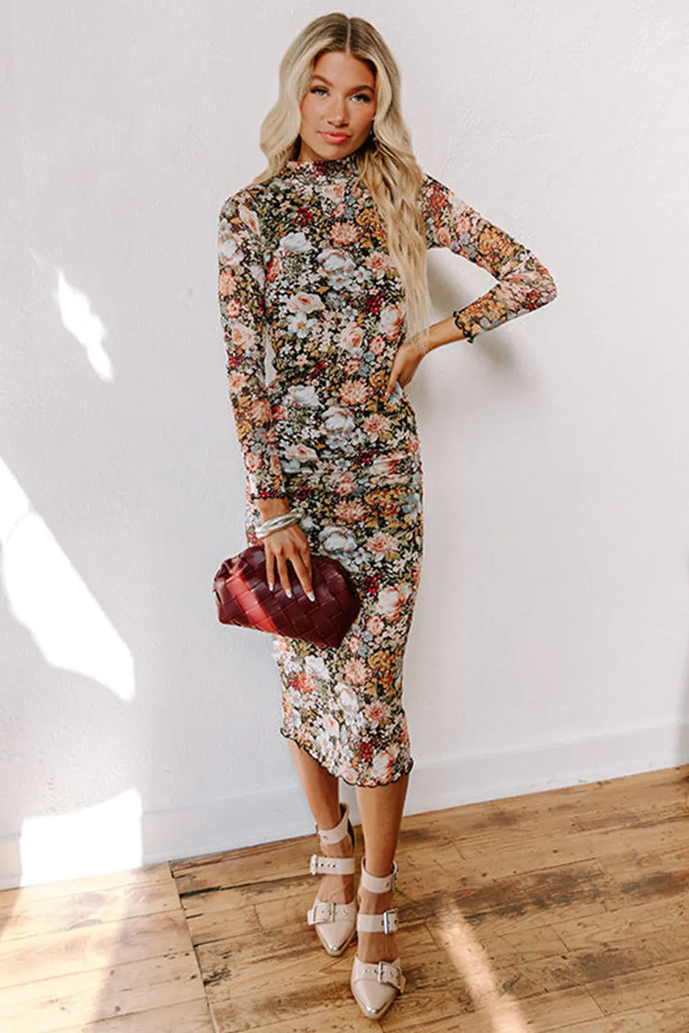 Brown Floral Allover Print Mock Neck Bodycon Long Sleeve Midi Dress