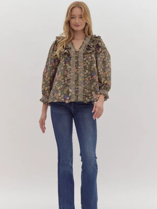 Brown Floral Ruffle Neck Top