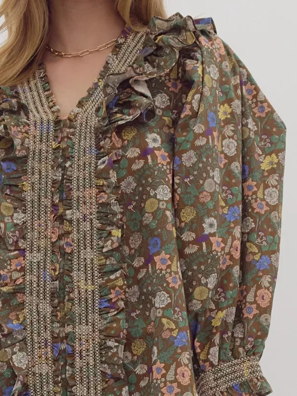 Brown Floral Ruffle Neck Top